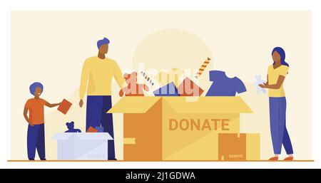 Family packing donation box. Clothes and toys for needy people flat vector illustration. Volunteering, charity, goodwill concept for banner, website d Stock Vector