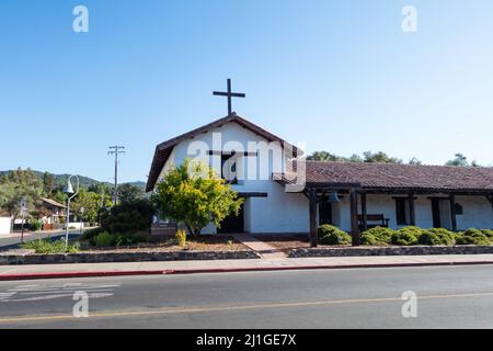 The Mission San Francisco Solano Building and Church against blue sky on a sunny day in Sonoma State Historic Park, California, United States. Stock Photo