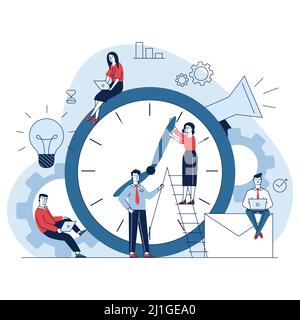 Managers adjusting clock hands. People using laptops, working on project together flat vector illustration. Time management, deadline concept for bann Stock Vector