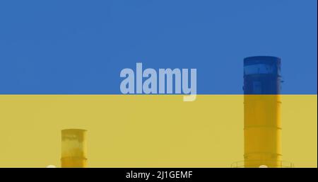 Image of flag of ukraine over oil rig Stock Photo