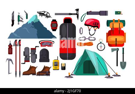 Hiking and active lifestyle set illustration. Set of equipment for hiking on white background. Active lifestyle concept. Vector illustration can be us Stock Vector