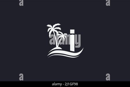 Water wave and beach tree art logo vector design with the letter and alphabet Stock Vector