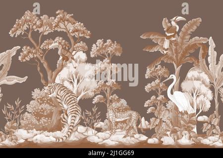 Border with jungle trees and animals. Monochrome interior vector print. Stock Vector