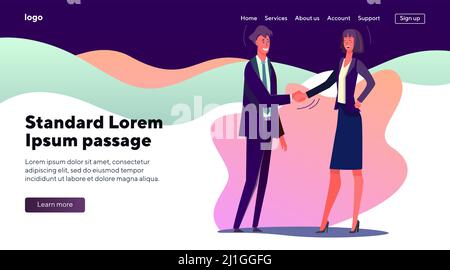 Business man and woman shaking hands. Office people coming to terms flat vector illustration. Agreement, partnership, communication concept for banner Stock Vector
