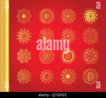 Golden vector traditional snowflakes on red background. Stock Vector