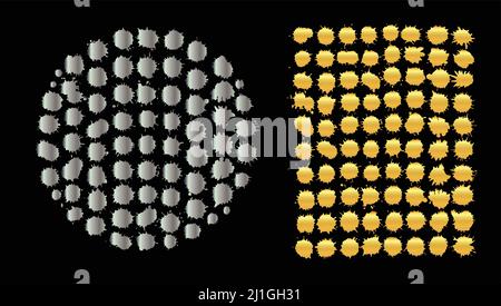 Golden and silver vector paint splats set. Gold grunge elements. Golden silver inky blot set Stock Vector