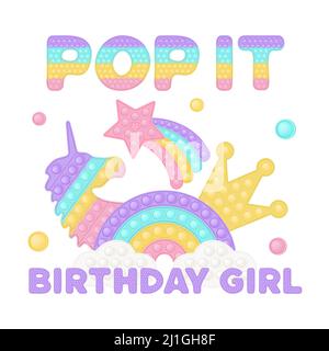 Popit birthday girl sublimation in fidget toy style. Bubble pop it birthday lettering. Pop it t-shirt design as a trendy silicone toy for fidget in Stock Vector