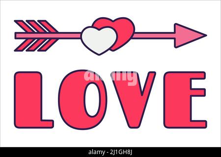 Retro Valentine Day icon arrow, heart, and lettering. Love symbols in the fashionable pop line art style. The figure of a heart in soft pink, red and Stock Vector