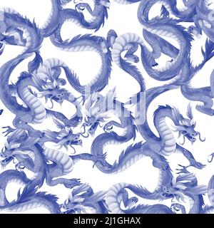 Seamless pattern with dragons. Oriental trendy print. Stock Vector