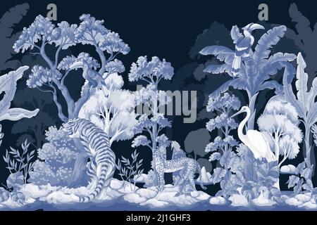 Border with jungle trees and animals. Monochrome interior vector print. Stock Vector