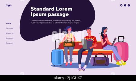 Group of people waiting for their flight. Airport, plane, luggage, expecting flat vector illustration. Tourism and travelling concept for banner, webs Stock Vector