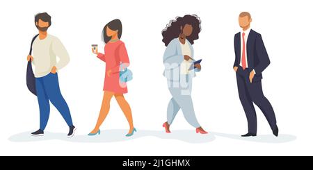 Set of walking people. Multiethnic citizens carrying bags, drinking coffee, using tablet. Flat vector illustrations. Diversity, city life concept for Stock Vector