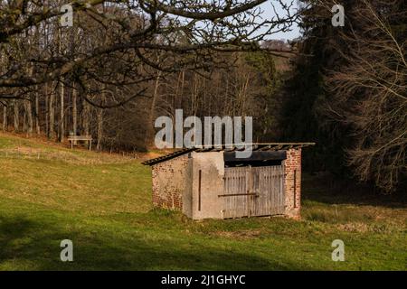 A pasture in a forest clearing with a simple hut Stock Photo