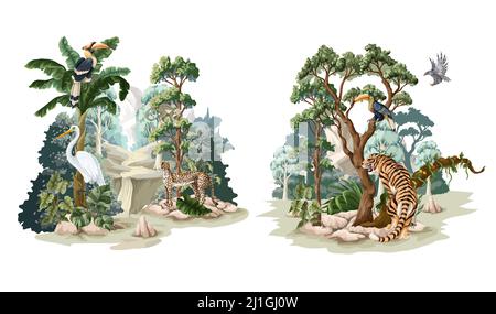 Jungle landscape with animals. Interior vector print. Stock Vector