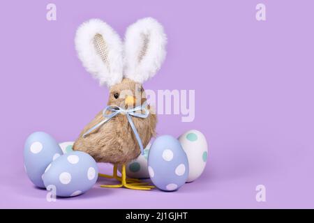 Easter chick with bunny ears and pastel Easter eggs on violet background Stock Photo