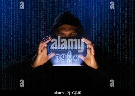 Cyber thief decoding the password of a mobile phone to steal confidential data. Phishing alarm. Cyber crime Stock Photo