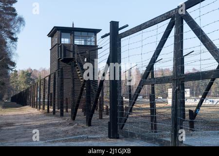 Wooden guard tower in Museum of Stutthof in Sztutowo, Poland. About 65,000 inmates (from 110,000) died in concentration camp KL Stutthof from Septembe Stock Photo
