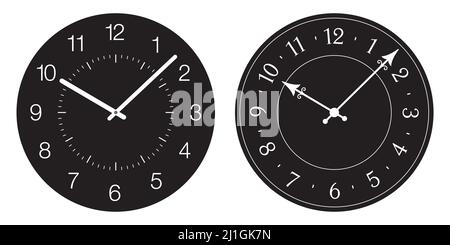 Set of black watch dials isolated on white background. Retro and classical watch face with numbers and arrows, vector illustration. Stock Vector