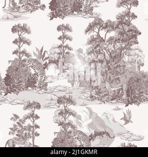 Monochrome seamless pattern with jungle and animals. Vector interior print Stock Vector
