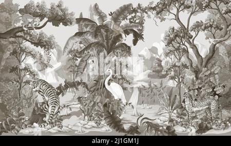 Jungle landscape with animals. Monochrome interior vector print. Stock Vector