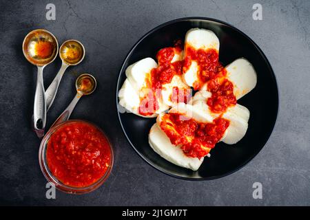 Marinating Slices of Halloumi Cheese in spicy Harissa: A bowl filled with sliced halloumi cheese covered with harissa sauce Stock Photo