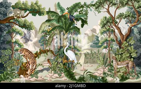 Jungle landscape with animals. Interior vector print. Stock Vector