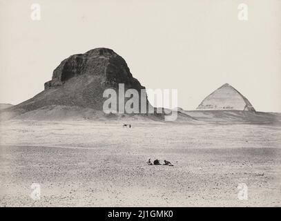 Vintage photo of the Pyramids of Dahshoor. The Black Pyramid (in front) and Sneferu's Bent Pyramid (on background). East, Egypt, 1857 Dahshur (Dashur) Stock Photo