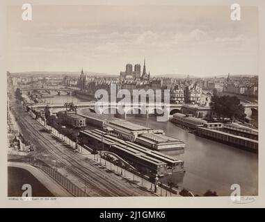 19th-century vintage photo of Paris: looking back toward the Ile de la Cité from across the Seine, circa 1857.  By Edouard Baldus, photographer (1813- Stock Photo