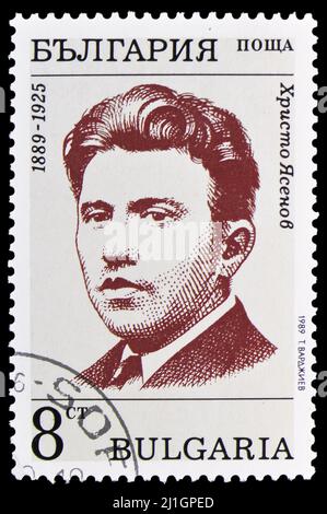 MOSCOW, RUSSIA - MARCH 10, 2022: Postage stamp printed in Bulgaria devoted to 100th Anniversary of the Birth of Christo Jassenov, circa 1989 Stock Photo