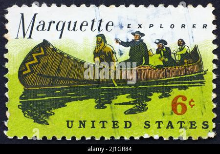 UNITED STATES OF AMERICA - CIRCA 1968: a stamp printed in the United States of America shows Father Jacques Marquette and Louis Jolliet explorers of t Stock Photo