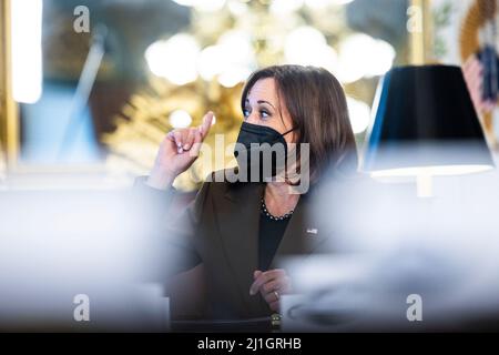 Washington, USA. 25th Mar, 2022. US Vice President Kamala Harris speaks to the National Hispanic Caucus of State Legislators in the Eisenhower Executive Office Building in Washington, DC, USA, 25 March 2022. Credit: Sipa USA/Alamy Live News Stock Photo