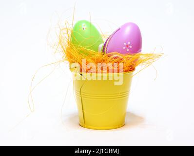 Easter eggs and chickens on white isolated background Stock Photo