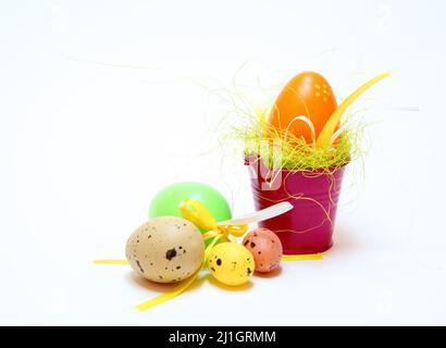 Easter eggs and chickens on white isolated background Stock Photo