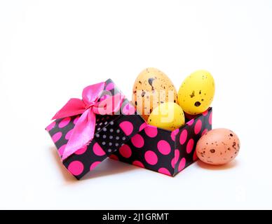 Easter eggs and chickens on white isolated background Stock Photo