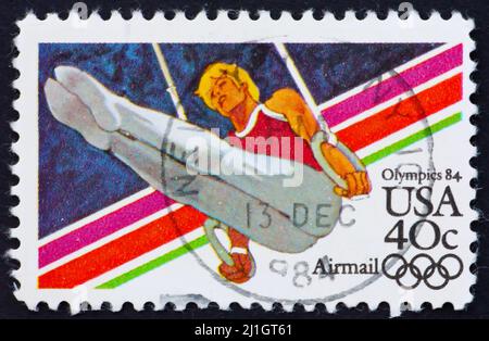 UNITED STATES OF AMERICA - CIRCA 1983: a stamp printed in the United States of America shows Gymnast, Olympic Games 1984, Los Angeles, circa 1983 Stock Photo