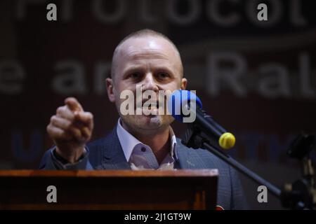 Loyalist blogger Jamie Bryson speaks during a anti Northern Ireland Protocol rally and parade, organised by North Antrim Amalgamated Orange Committee, in Ballymoney, Co Antrim. Picture date: Friday March 25, 2022.