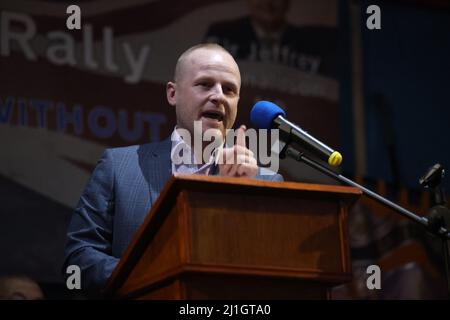 Loyalist blogger Jamie Bryson speaks during a anti Northern Ireland Protocol rally and parade, organised by North Antrim Amalgamated Orange Committee, in Ballymoney, Co Antrim. Picture date: Friday March 25, 2022.