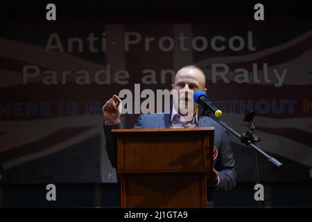 Loyalist blogger Jamie Bryson speaks during a anti Northern Ireland Protocol rally and parade, organised by North Antrim Amalgamated Orange Committee, in Ballymoney, Co Antrim. Picture date: Friday March 25, 2022.