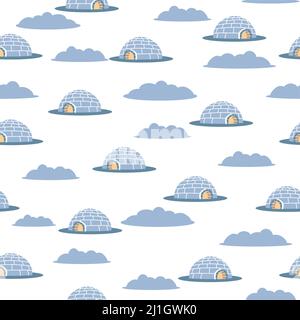 Seamless pattern of blue igloo. White winter background. Hand drawing icehouse. illustration Eskimo house. Winter card. Stock Vector