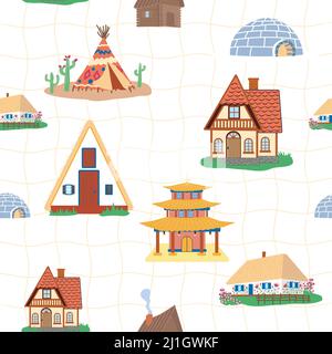 Seamless pattern with Traditional buildings of different countries set, houses from around the world. Background with residential houses or rustic cot Stock Vector