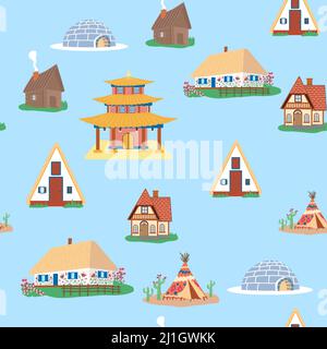 Seamless pattern with Traditional buildings of different countries set, houses from around the world. Background with residential houses or rustic cot Stock Vector