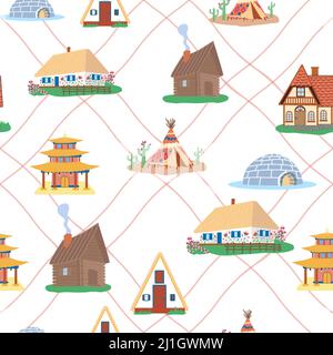 Seamless pattern with Traditional buildings of different countries set, houses from around the world. Background with residential houses or rustic cot Stock Vector