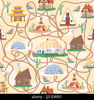 Seamless pattern with Traditional buildings of different countries set, houses from around the world. Background with residential houses or rustic cot Stock Vector