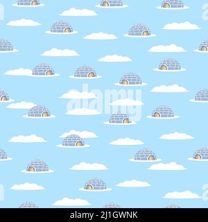Seamless pattern of blue igloo. White winter background. Hand drawing icehouse. illustration Eskimo house. Winter card. Stock Vector