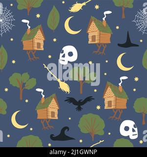 Chicken legs seamless pattern. Forest, broom, web, witch, skull, raven witchcraft attributes Traditional Russian fairy tale Stock Vector