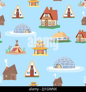 Seamless pattern with Traditional buildings of different countries set, houses from around the world. Background with residential houses or rustic cot Stock Vector