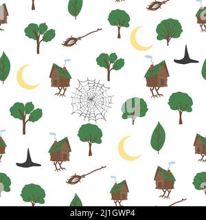 Chicken legs seamless pattern. Forest, broom, web, witch, skull, raven witchcraft attributes Traditional Russian fairy tale Stock Vector
