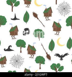 Chicken legs seamless pattern. Forest, broom, web, witch, skull, raven witchcraft attributes Traditional Russian fairy tale Stock Vector