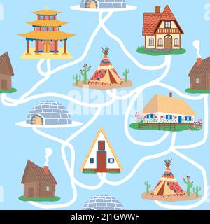 Seamless pattern with Traditional buildings of different countries set, houses from around the world. Background with residential houses or rustic cot Stock Vector