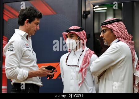 Toto Wolff (GER) Mercedes AMG F1 Shareholder and Executive Director (Left) with Prince Khalid Bin Sultan Al Faisal (KSA) President of the Saudi Automobile and Motorcycle Federation (Right). 25.03.2022 Formula 1 World Championship, Rd 2, Saudi Arabian Grand Prix, Jeddah, Saudi Arabia, Practice Day.  Photo credit should read: XPB/Press Association Images. Stock Photo